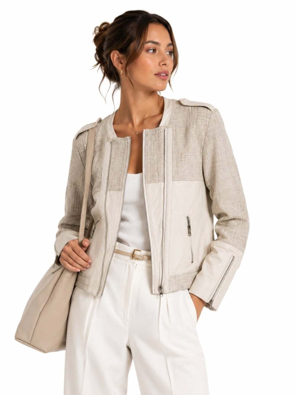 Danier Cream & Beige Mixed-Media Leather Jacket